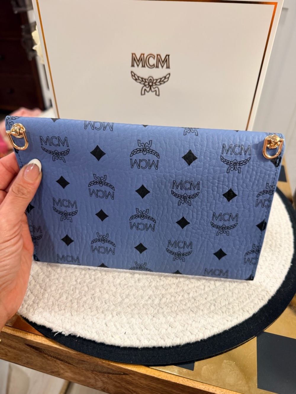 MCM Blue Monogram Clutch Crossbody (Novelty) + Heart extender and Keychain - NIB - Picture 6 of 10